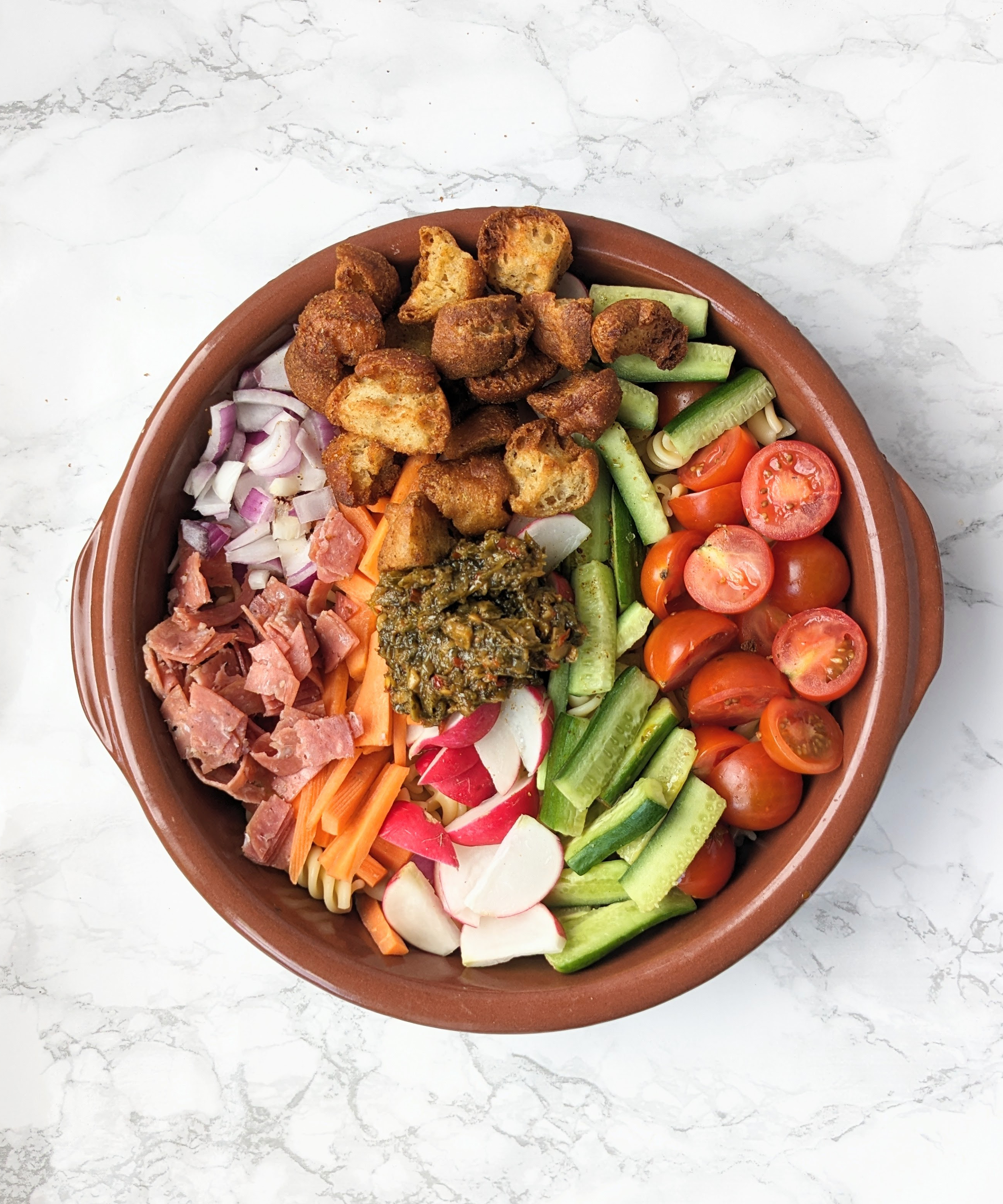 Pasta Salad with Puff Puff Croutons